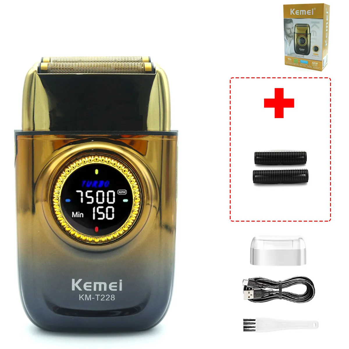 Kemei KM-T228 Men's Shaving Machine LED Display Double Foil Cordless Oil Head USB Electric Shaver Foil Male: Silver