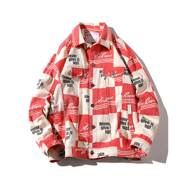 Rhymonster volledig bedrukte patchwork denim jassen hiphop multi-pocket jas heren herfst losse high street outfits: Rood / Xl