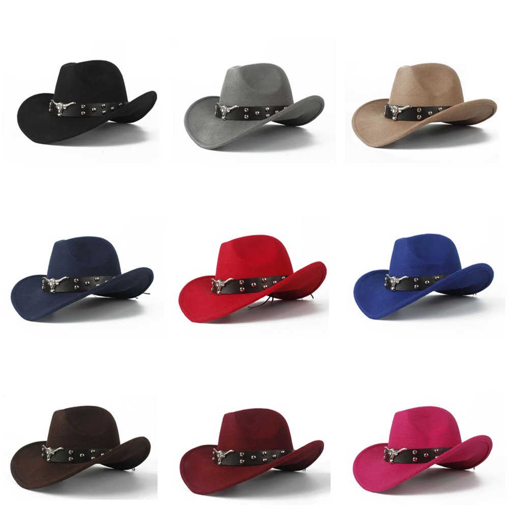 Women Men Wool Hollow Western Cowboy Hat With Tauren Belt Outback Jazz Toca Sombrero Cap Size 56-58CM