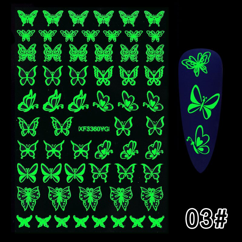 1Pc Lichtgevende Vlam Vlinder Nail Art Stickers Sneeuwvlok Maan Ontwerpen Nail Decals Glow In The Dark Halloween Manicure Decoratie: 03