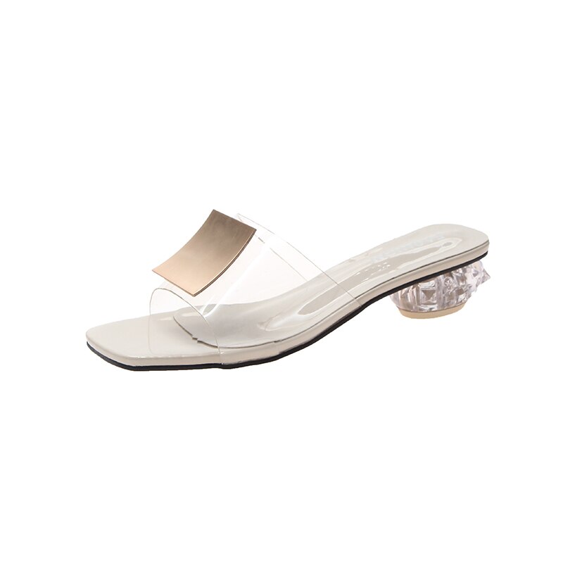 Mules en pvc pour femmes, pantoufles d'été, chaussures pour femmes, boucle en métal, transparentes, talons bas, diapositives de de personnalité: Beige / 37