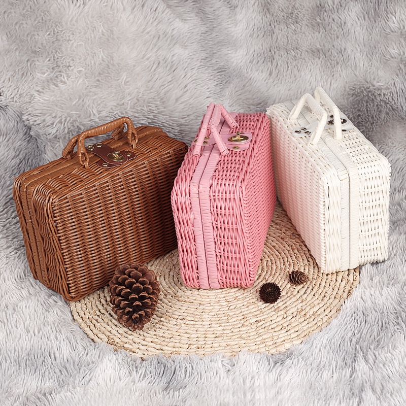 Retro Weave Rattan Storage Box Suitcase Woven Wicker Jewelry Cosmetic Storage Case Picnic Baskets Home Storage Decoration