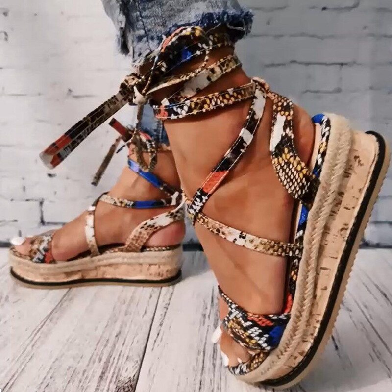 Été femmes serpent sandales plate-forme talons croix sangle cheville dentelle Peep orteil plage fête dames chaussures Zapatos De Mujer