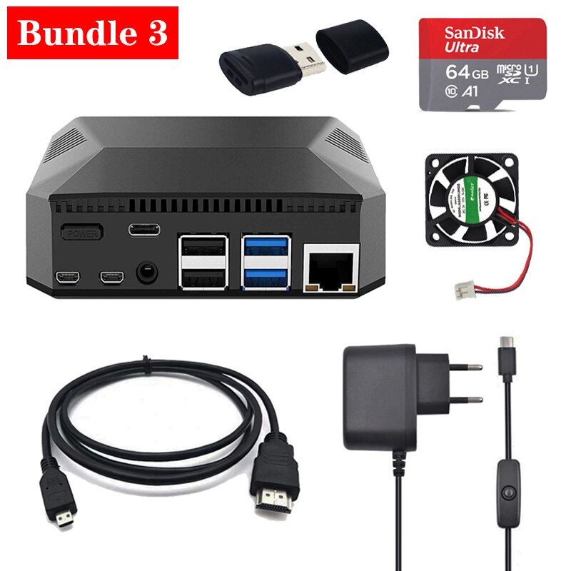 lampone pi Modello B di Caso di Alluminio Della Cassa Del Metallo scatola scatola 4 con il Potere di Alimentazione della Ventola micro Cavo HDMI per lampone pi 4: fascio 3