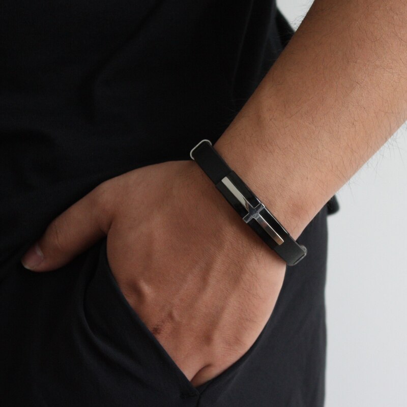 Classical Men Bracelets Christian Black Silicone Bracelet 3 Colors Stainless Steel Cross Clasp Wristband Male Jewelry Accesories