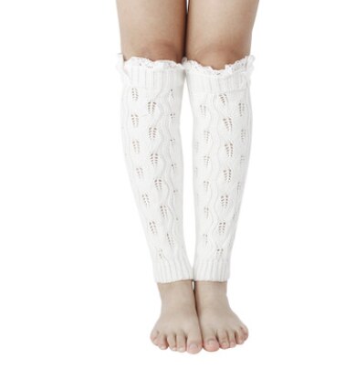 Female Knitted Stocking Lace Leaf Knitted Leg Warmer Leg Sleeve For Women Lake Blue/Coffee/Light Gray/Dark Gray/White: White