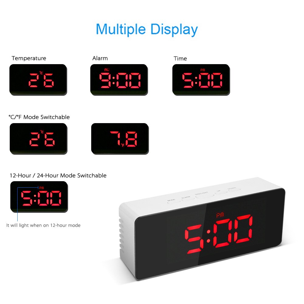 LED Mirror Alarm Clock Digital Table Clock Electronic Desktop Clock Wake Up Light Time Temperature Display Clocks with Snooze