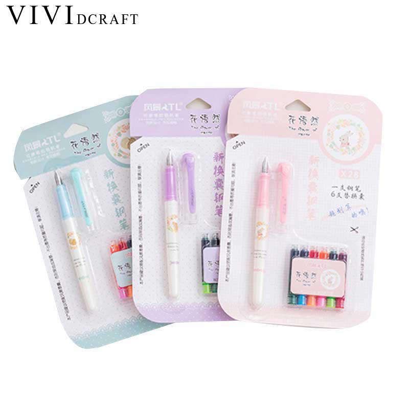 1 Pen+6 Colors Ink Bags for Kids Stylo Plume School Supplies Calligraphy Pen Kids Vividcraft Erasable Fountain Pen Ink Set