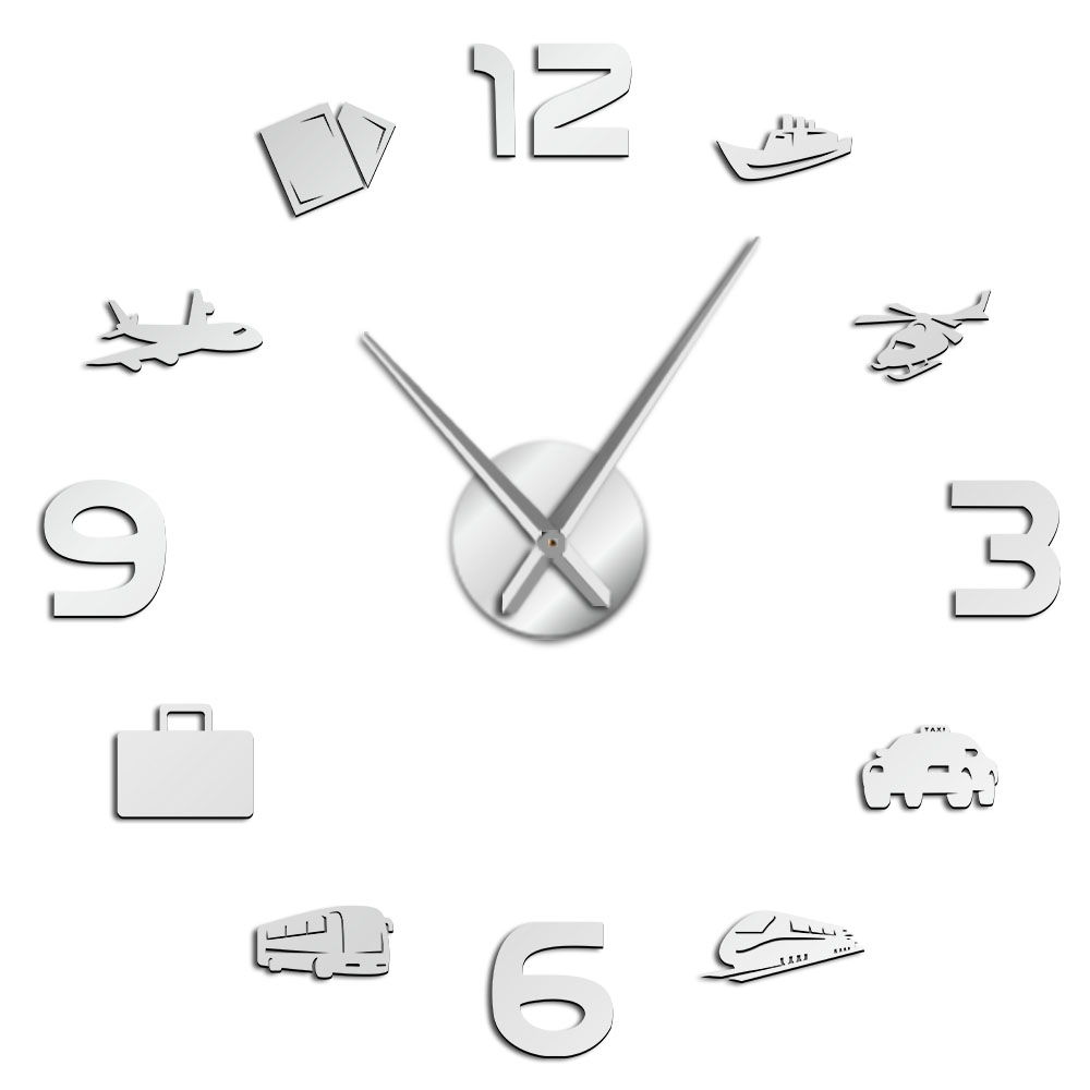Travel Transport Vehicles DIY Wall Clock With Long Hands Mirror Effect Stickers Self Adhesive Clock Watch For Outing Home Decor: Silver / 47 inch
