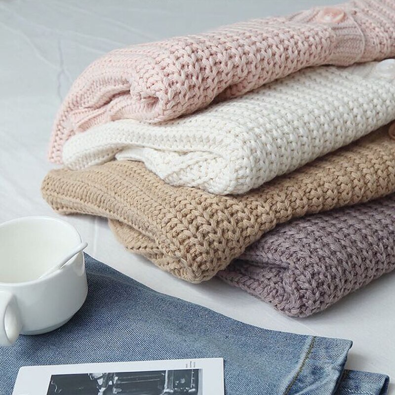 Høst dame retro stil ensfarget en knapp løs v-hals strikket cardigan genser damejakke rosa hvit