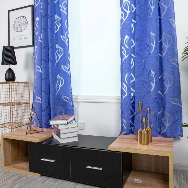 1 PCS Vines Leaves Tulle Door Window Curtain Drape Panel Sheer Scarf Valances: Blue