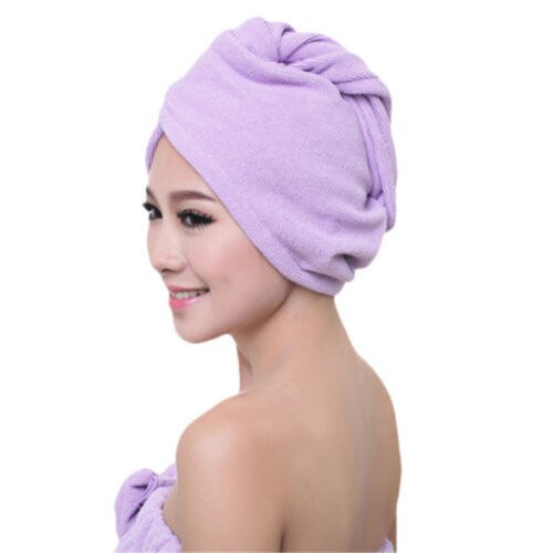 Newest Turbie Quick Drying Hair Towel Twist Wrap Loop Button Hat Cap Turban Solid Shower Bath Caps: Purple 