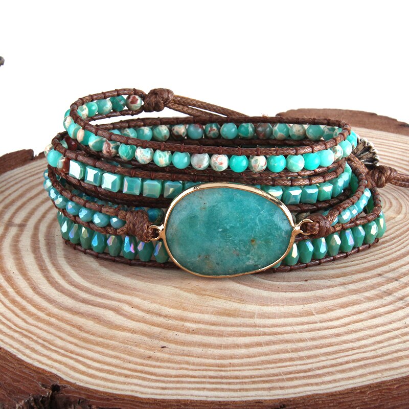 Rh Mode Boho Armbander Blauw Glas & Natuurlijke Stenen Charm 5X Geweven Wrap Armbanden