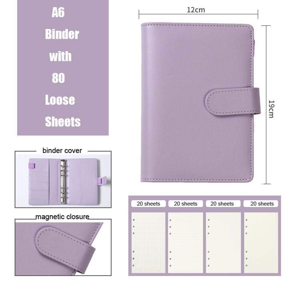 1Pc A5/A6 Lederen Losbladige Ringband Notebook 6 Ring Notebook Cover Kleur School Kantoorbenodigdheden: Purple