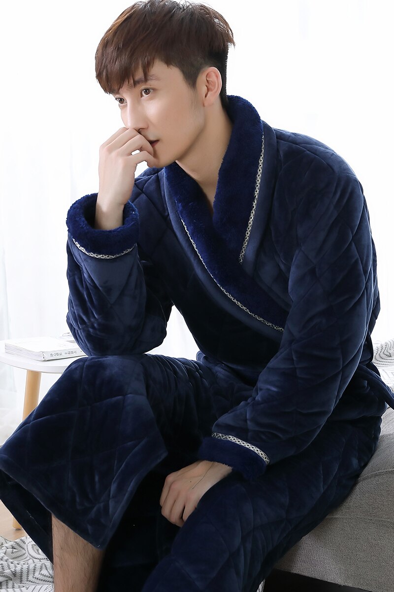 Inverno longo robe para o sexo masculino três camadas acolchoado roupão grosso flanela sleepwear plus size xxxl quimono roupões de banho dos homens salão quente
