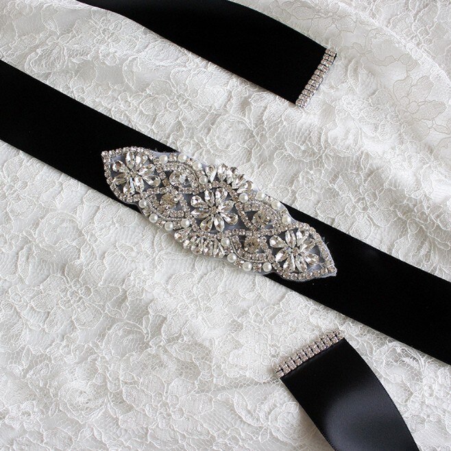 Brillant blanc Satin ceinture strass ceinture de mariée ceinture de mariage accessoire Applique pour soirée robes de bal décoration de mariage: Black