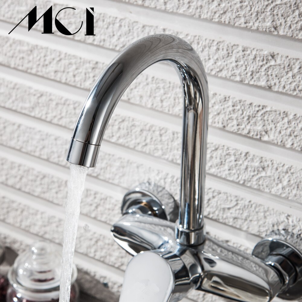 Chrome Dubbele Gaten Enkele Handgreep tap 360 Graden Rotatie Wall Mounted Koud en Warm Water Zuivering keuken kraan Mci
