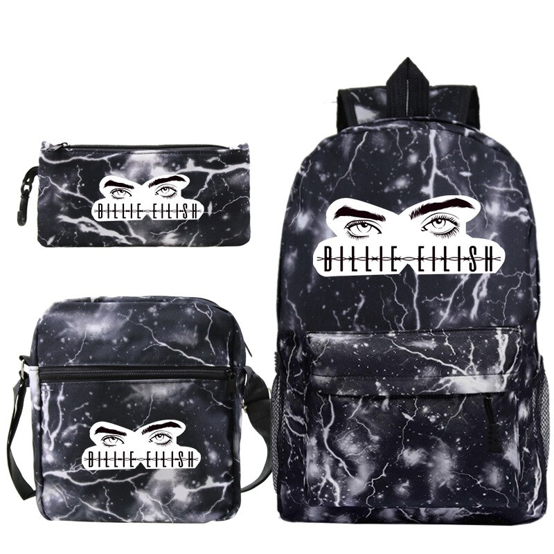 BILLIE EILISH-mochila con estampado de dibujos animados para estudiantes, conjunto de 3 Uds., bolsa de viaje informal Unisex, bolso de hombro: Black