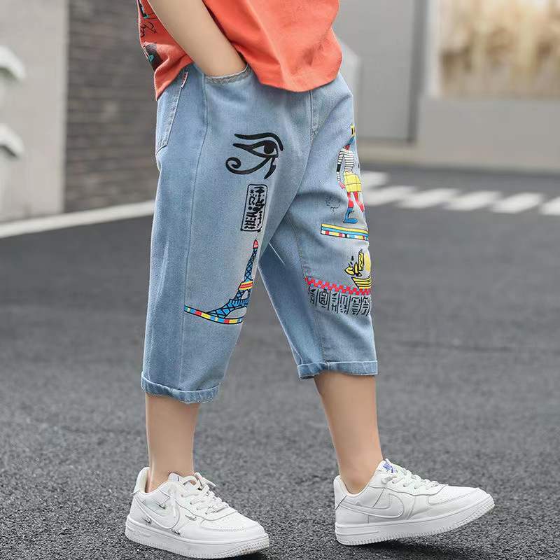 Short en Jean pour garçon et adolescent, Short d&#39;été en coton imprimé, décontracté, de 100 à 160cm