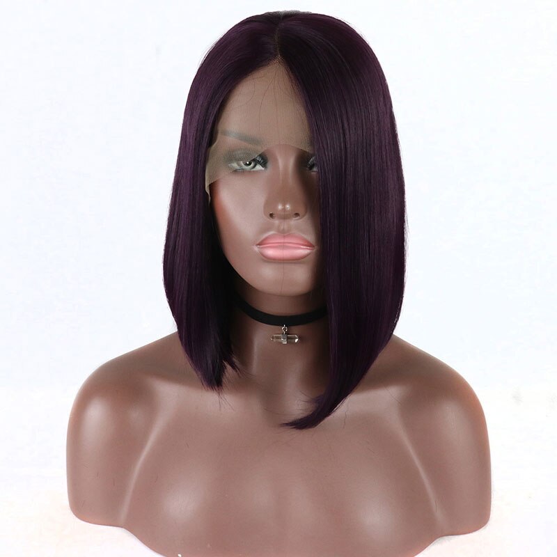 Bombshell curto em linha reta bob peruca dianteira do laço do cabelo sintético roxo escuro resistente ao calor fibra cabelo médio de separação para perucas femininas