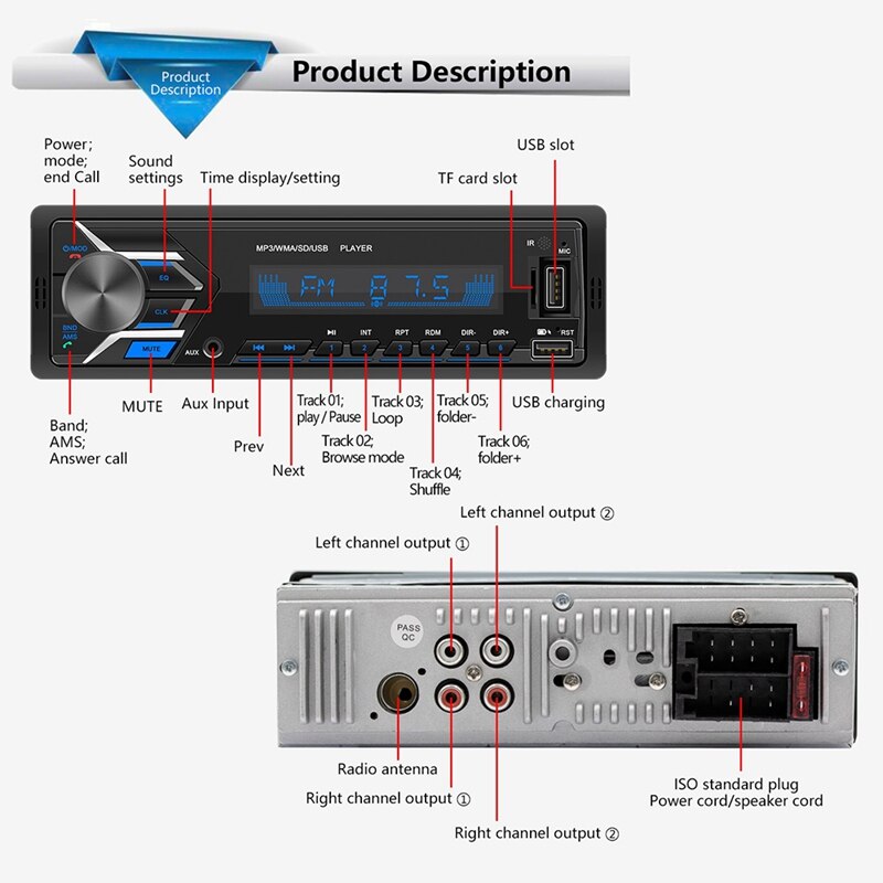 Car Stereo Mp3 Player Bluetooth Aux Usb Tf Fm Radio o In-Dash Handsfree Mic