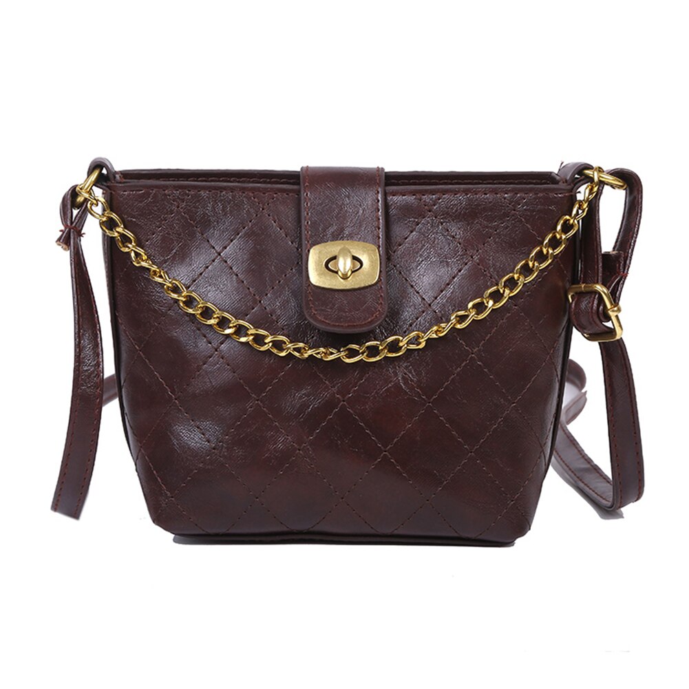 Frauen Schulter Umhängetaschen PU Leder Einfarbig retro Umhängetasche Für Weibliche Damen Schlinge Kette Eimer Handtasche: braun