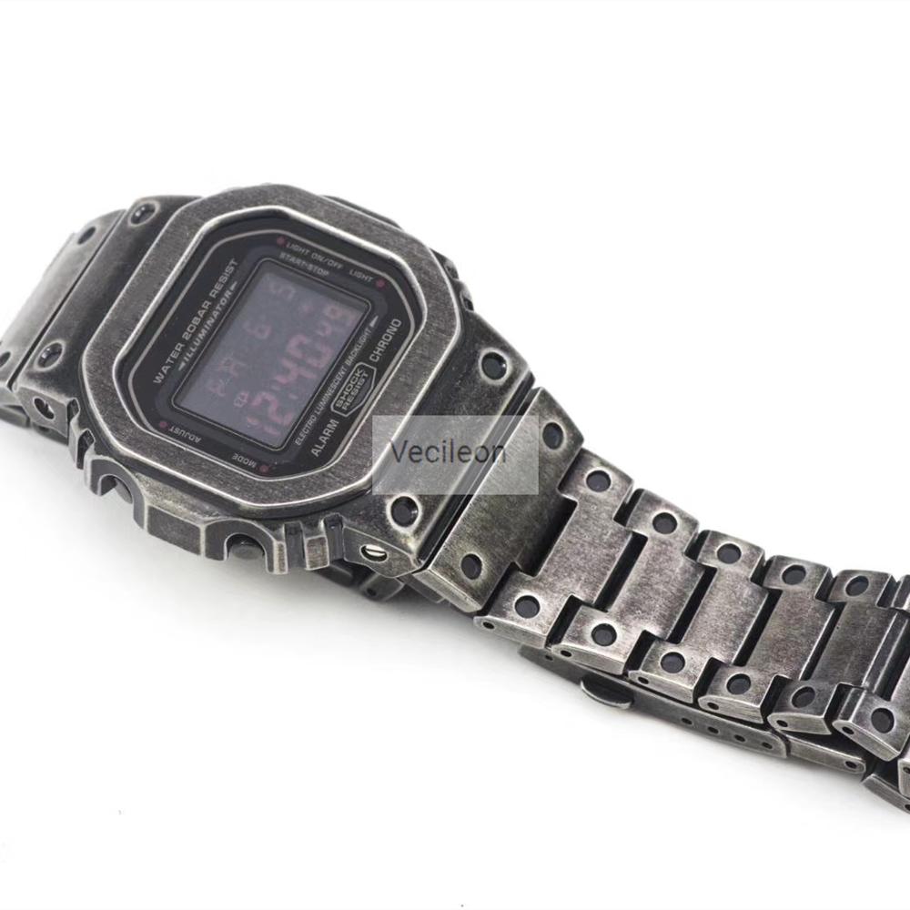 Retro zilveren horlogeband horlogeband bezel set voor gwm 5610 dw5600 gw5000 metalen roestvrijstalen armband stalen riem met gereedschap