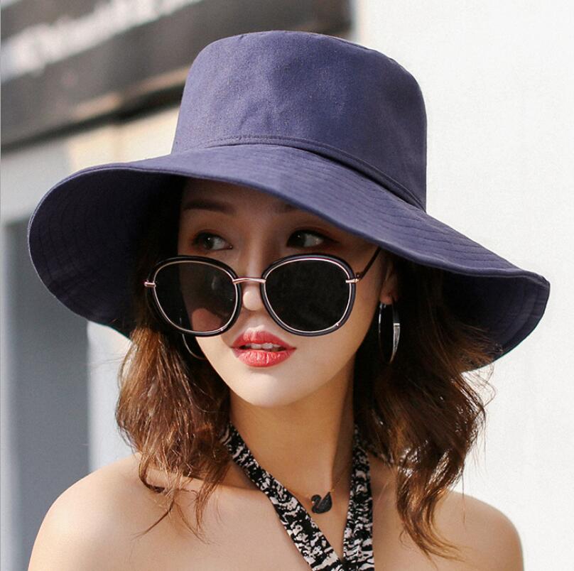 Primavera Verano sombreros de Sol para las mujeres grandes ala ancha de algodón sombrero de cubo para playa Panamá sombrero visera mar Chapeau Femme