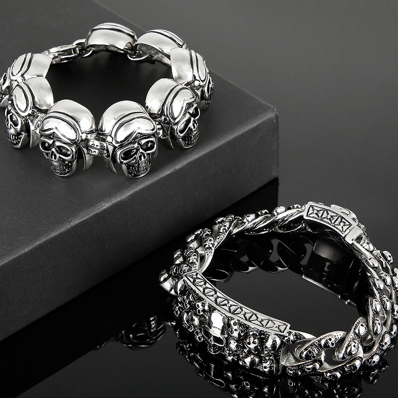 Punk Felsen Totenkopf Armbinde Herren - Titan Stahl Skelett Armreif - Radfahrer Kette Schmuck