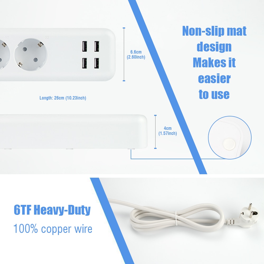 Hyleton wifi USB Power Strip smart US plug Overload Switch Surge Protector 4 Outlet 2 Port USB Charger 2m 15A wifi socket