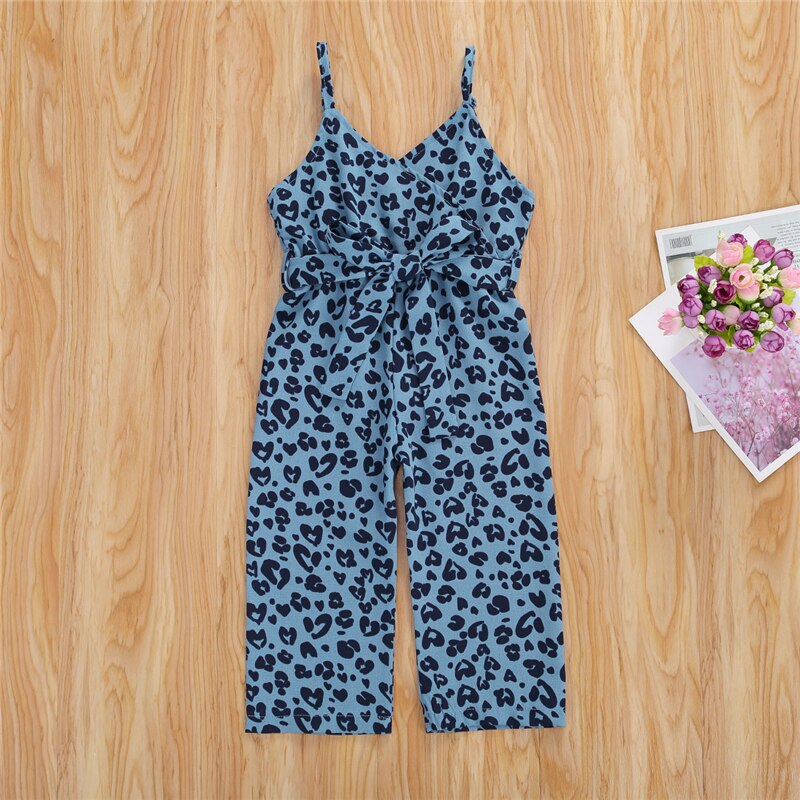 1-6y børn baby piger tøj leopard print overalls casual bukser ærmeløse v-hals bælte sommer romper jumpsuits 4 farver
