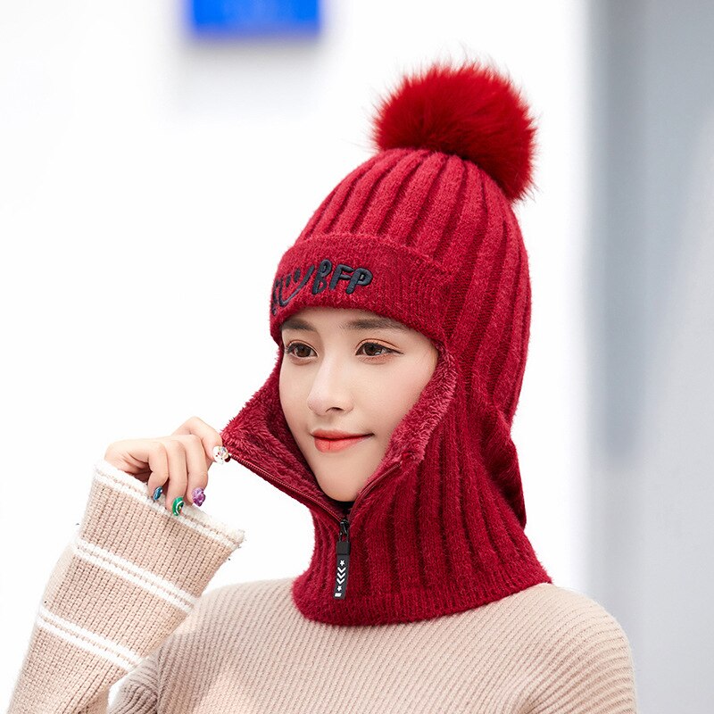 DIHOPE 2 pièces tricot bonnet chapeau et écharpe ensemble Hairball pompon chapeaux femme épais hiver mignon filles lettre Smiley fermeture éclair chapeau: adult wine red
