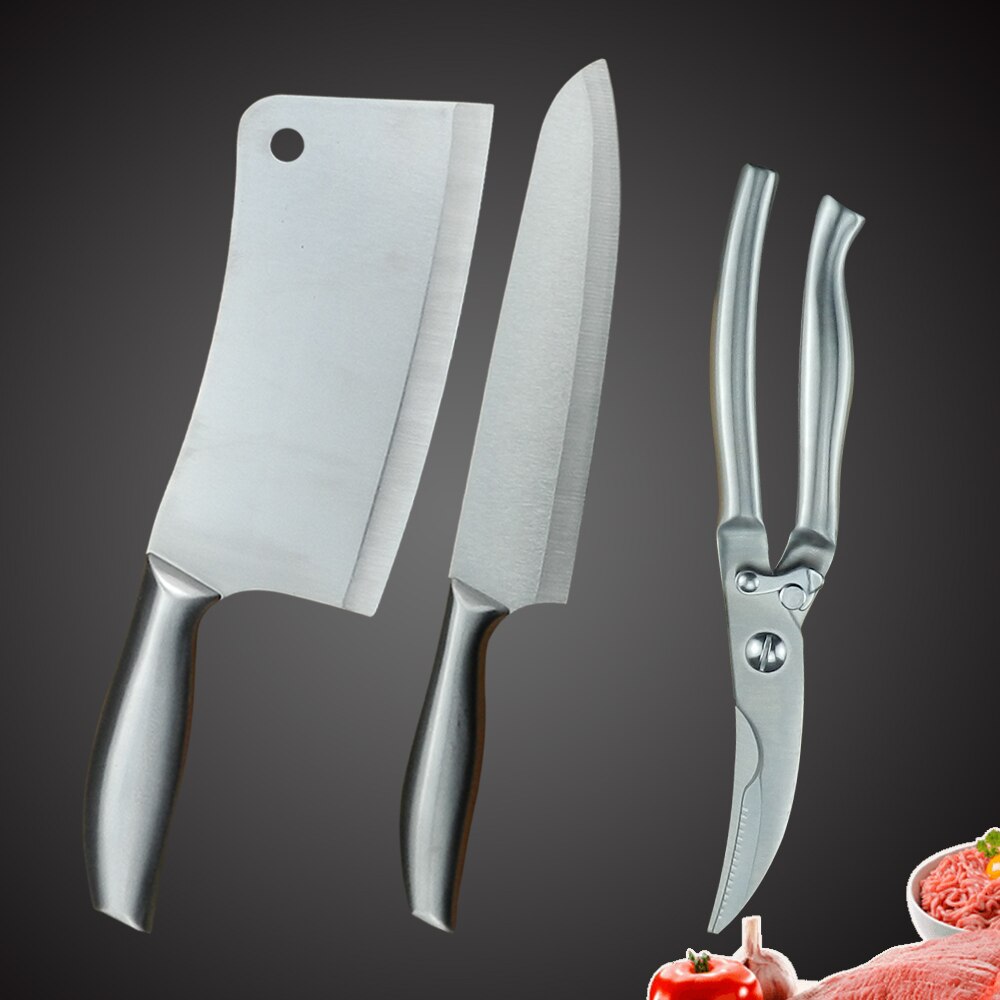 Stainless Steel Kitchen Knife Set 1-4PCS Chopping Cleaver Chef Knives Chicken Bone Scissor Cooking Tool Cutting Slicing Meat: 3PCS SET-D