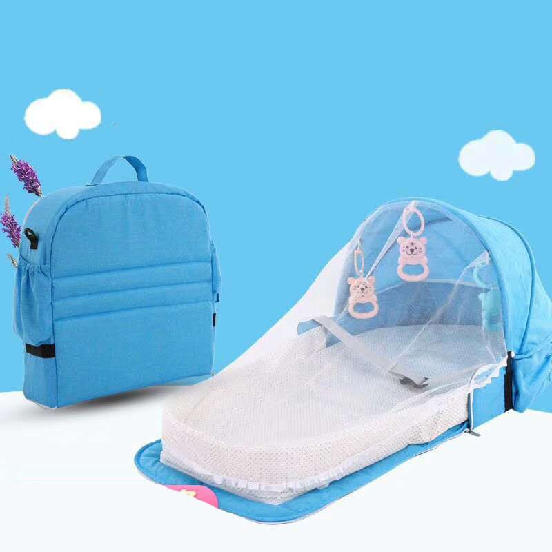 Baby rejse bærbar mobil krybbe baby reden barneseng nyfødt multifunktions sammenklappelig seng barn sammenklappelig stol med legetøj myggenet: Himmelblå