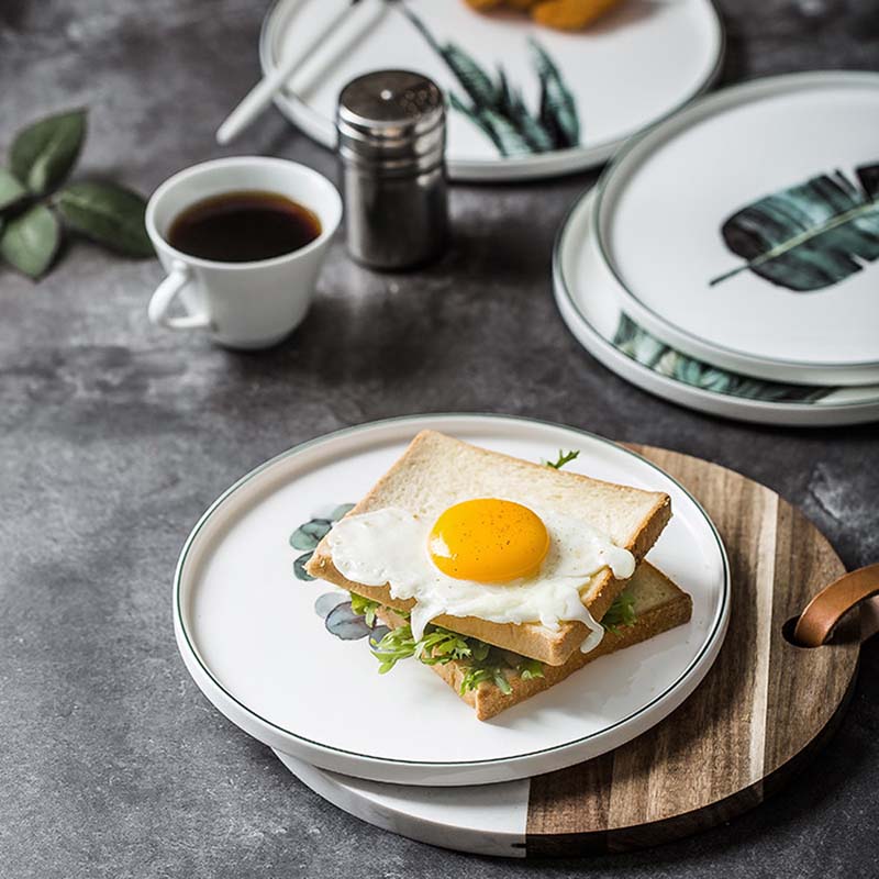 Scandinavian style underglaze Western food plate Simple floral pattern steak plate stackable dessert salad plate dish