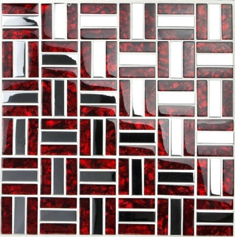 Red Glass Mosaic Silver Metal Tile Backsplash Stainless Steel SSMT021 Glass Metallic Mosaic Bathroom Tiles