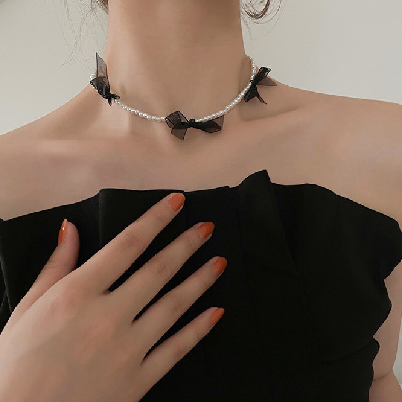 Korea Zoete Zwarte Fluwelen Strik Choker Ketting Eenvoudige Strik Pluche Parel Sleutelbeen Ketting Kraag Voor Vrouwen Dame Sieraden: Default Title