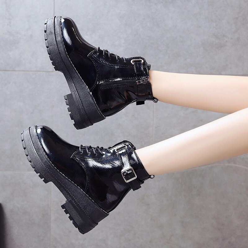 Dames platform schoenen punk zwarte gothic enkellaarsjes dames platform wedge veter motorlaarzen