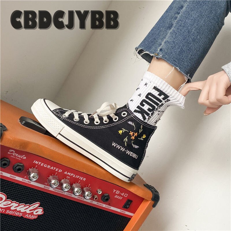 Spring Women Embroidery High Top Canvas Shoes Flat Casual Custom Sneakers skateboarding shoes Student Shoes