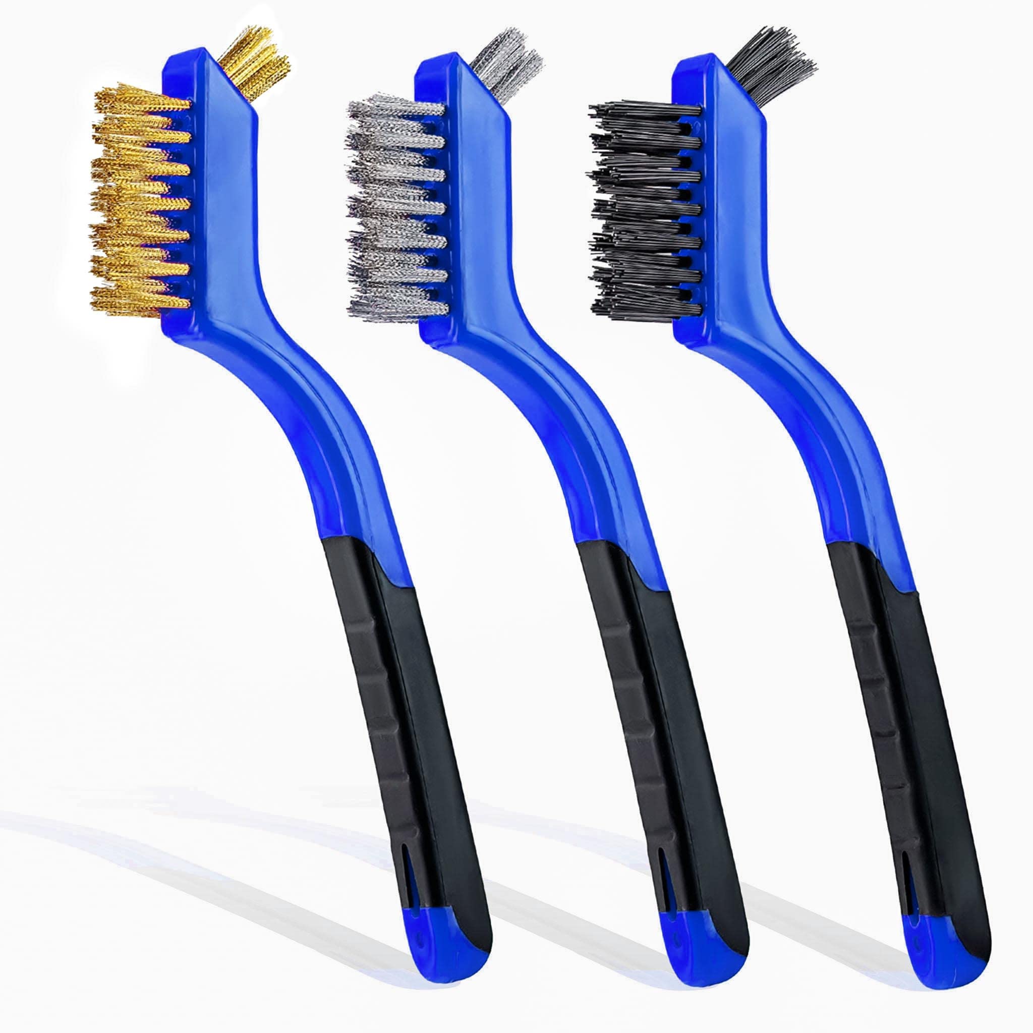 3Pcs Wire Brush Set, Wire Brushes for Cleaning Rust Removal，Brass/Nylon/Stainless Steel Brush with Curved Handle Grip