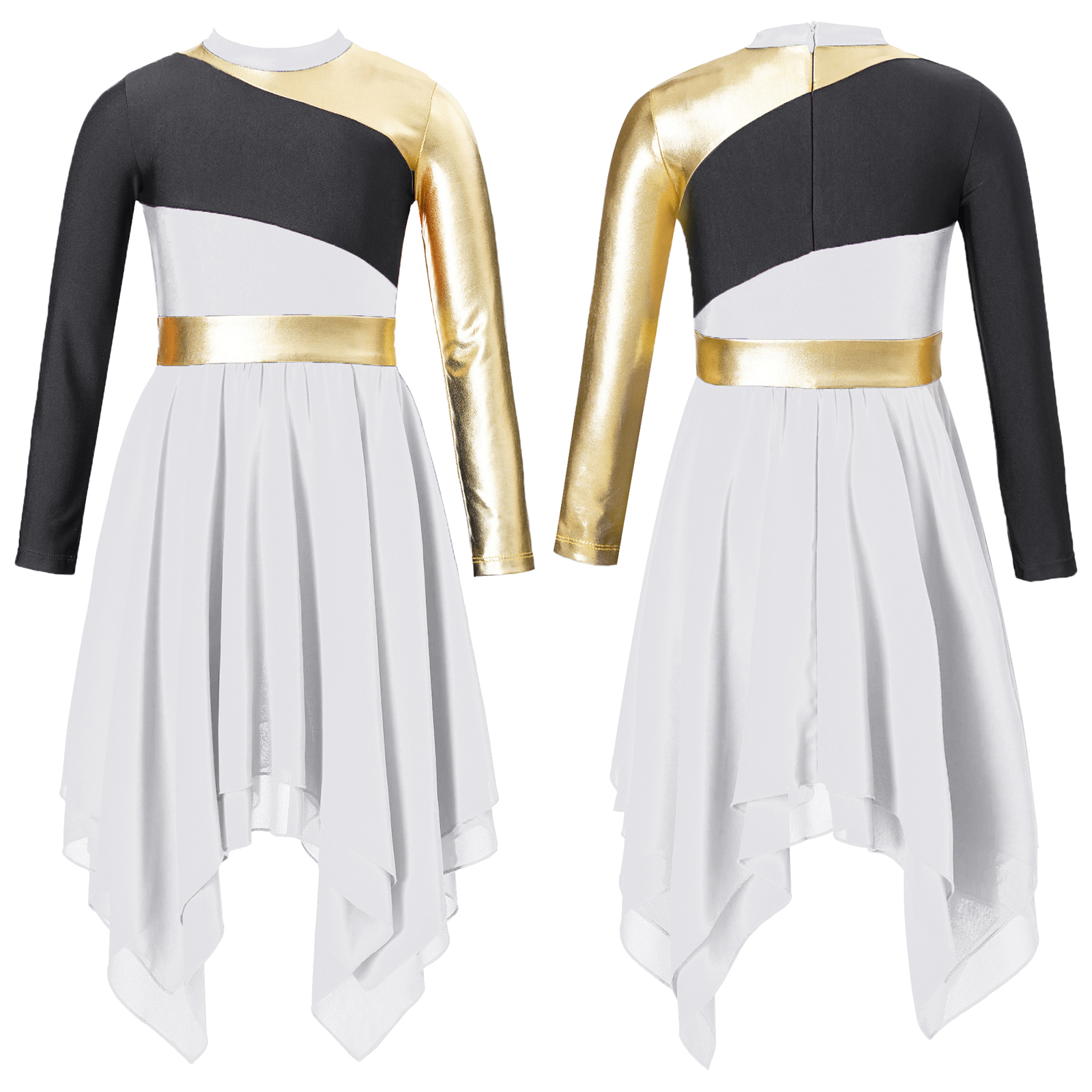 Kids Girls Praise Lyrical Dance Dress Ballroom Dancing Church Choir Worship Costume Long Sleeve Contrast Chiffon Dress Dancewear: XL / Brown