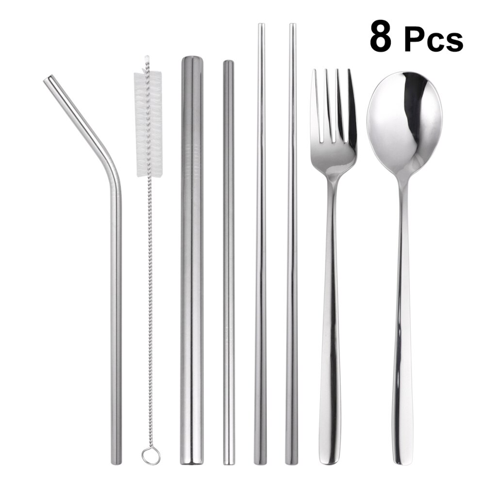 8Pcs Rvs Servies Set Outdoor Draagbare Lepel Vork Eetstokjes Rietjes Servies Kit (Zilver, met Zwarte Tas): Picture 1