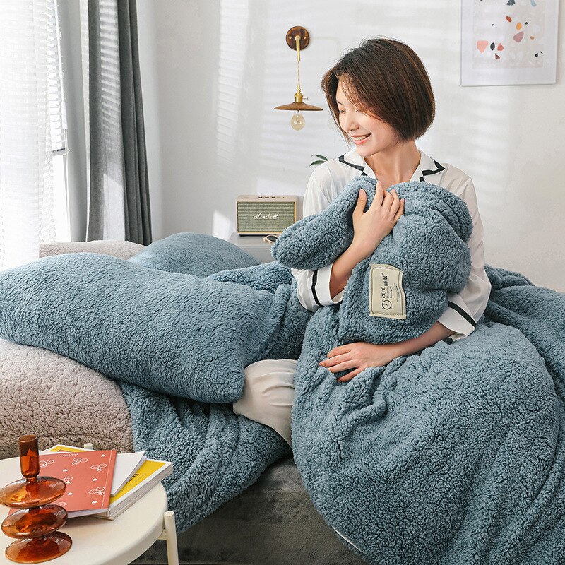 Housse de couette polaire berbère pour lit Double simple hiver deux faces housses de couette gris bleu rose literie housse de couette couverture: dusty blue / 150x200cm 1piece