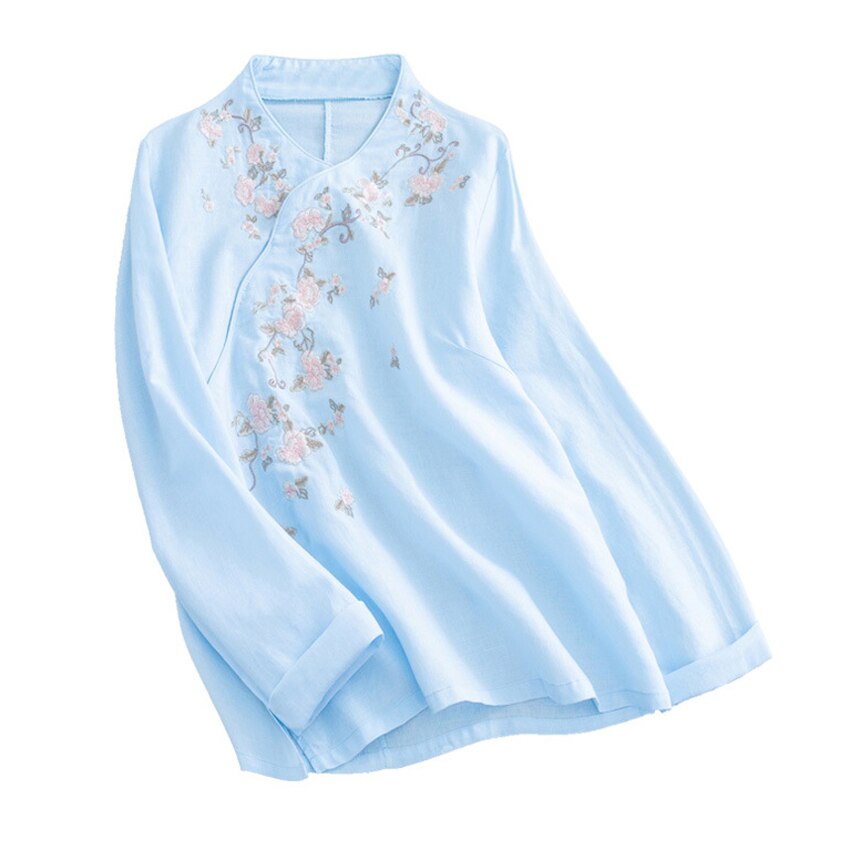Kvinder kinesisk tang jakkesæt top traditionel stil kvindelig te ceremoni linned outfit blomster broderi kostumer piger bluser skjorter