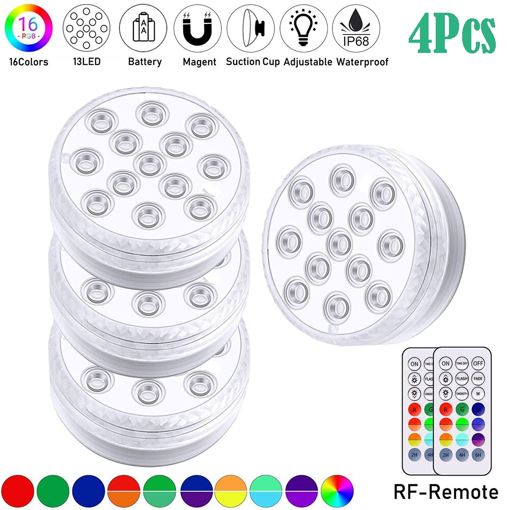 13LED RGB Submersible Lights 16 Color Underwater Light Swimming Pool Lamp IP68 With RF Remote for Fish Tanks Aquariums Bathtub: 4 Lamp 2 Controller