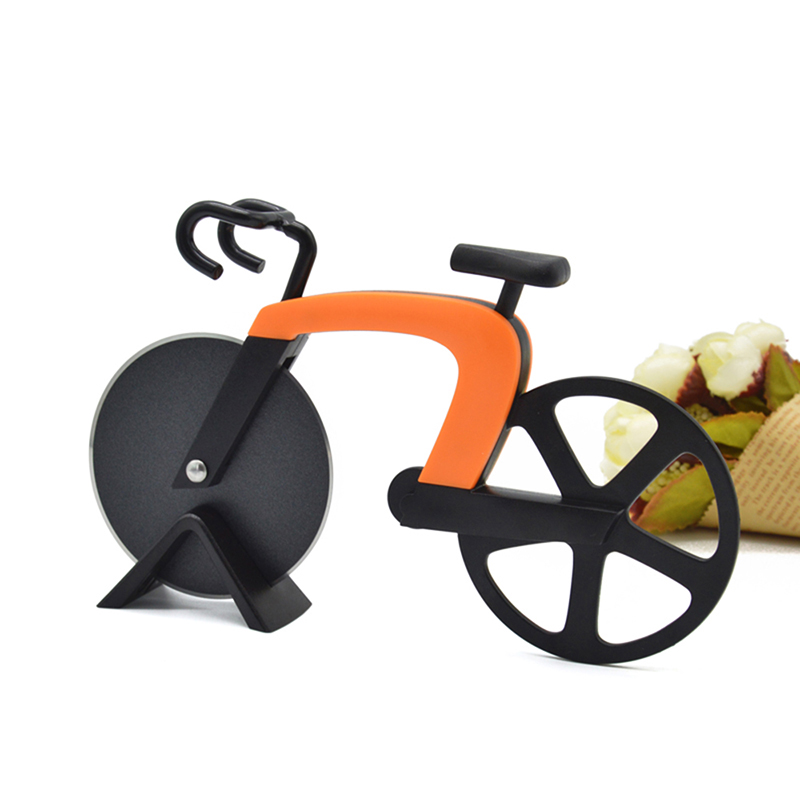 Cykel rund pizzaskärknivar i rostfritt stål pizzakniv tvåhjulig cykelform pizzaskärkniv pizzaverktyg: Orange