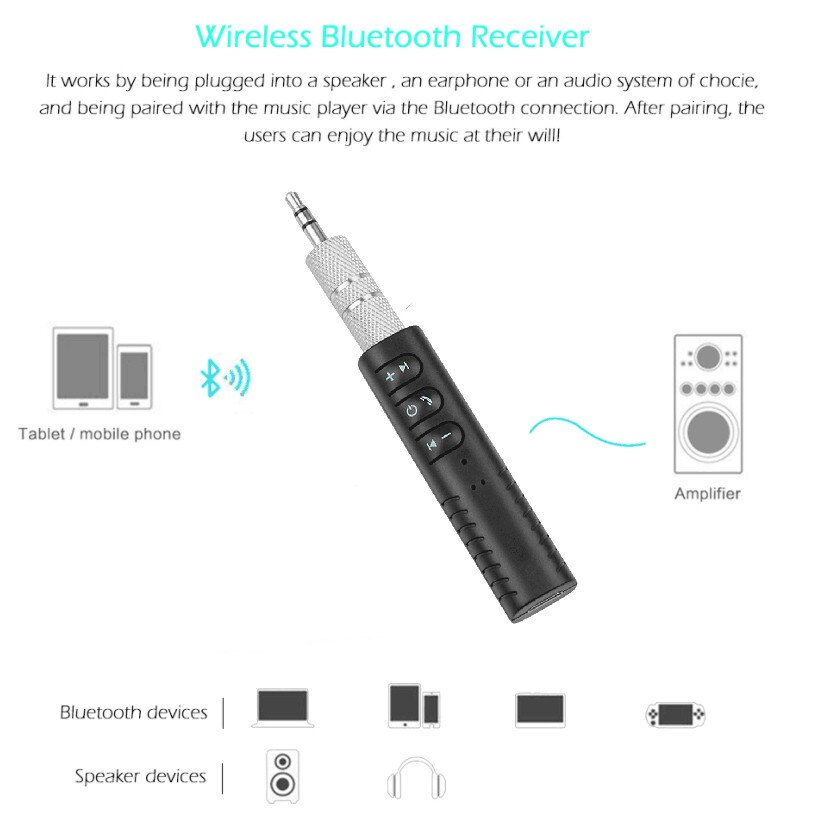 mini trådløs bluetooth mottaker  v5.0 bluetooth bilsett 3.5mm jack tilkobling til kablet øretelefon bil  mp3 spiller høyttalertelefoner