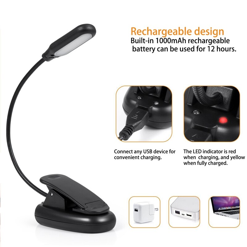 5 Led Boek Licht, Usb 3 Helderheid Niveaus Clip Leeslamp,, flexibele Clip On Book Light Reading