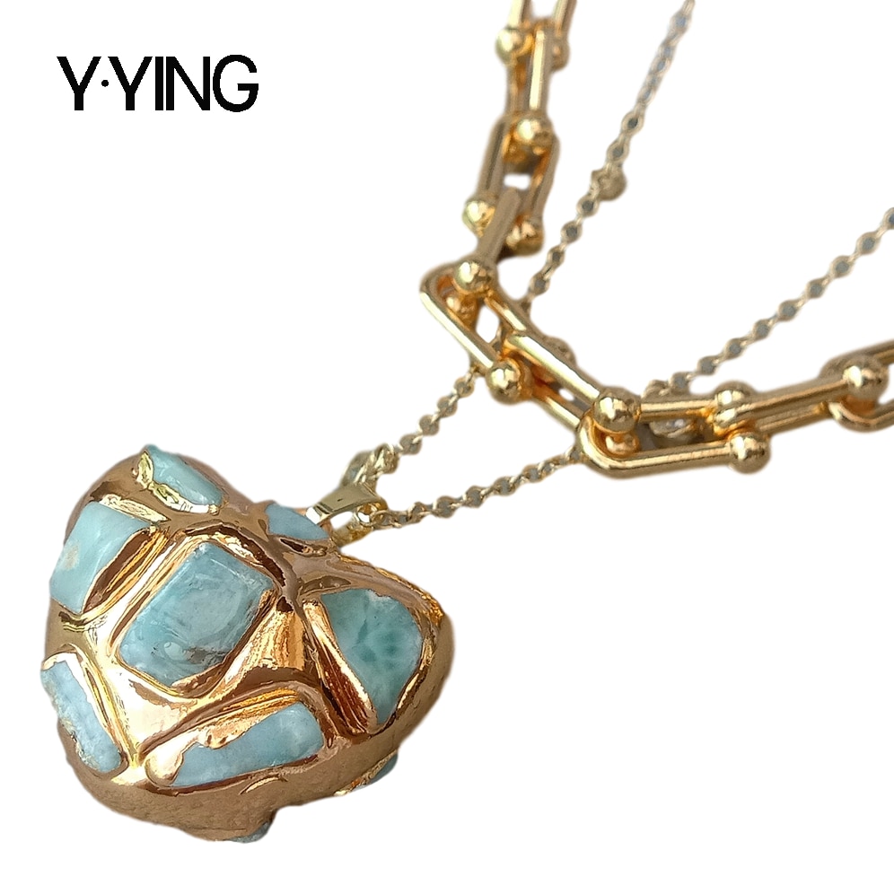 Y · Ying Natuurlijke Hartvormige Blue Larimar Hanger Ketting Gold Plated Ketting Lagen Verklaring Ketting 20