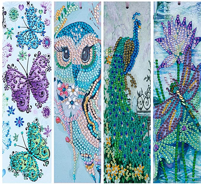 5D Diamond Painting Bookmarks Flower Butterfly Kits for Adults DIY Bookmarks with Tassel Arts Crafts Set Rhinestone Dot: 01-4 PIECES